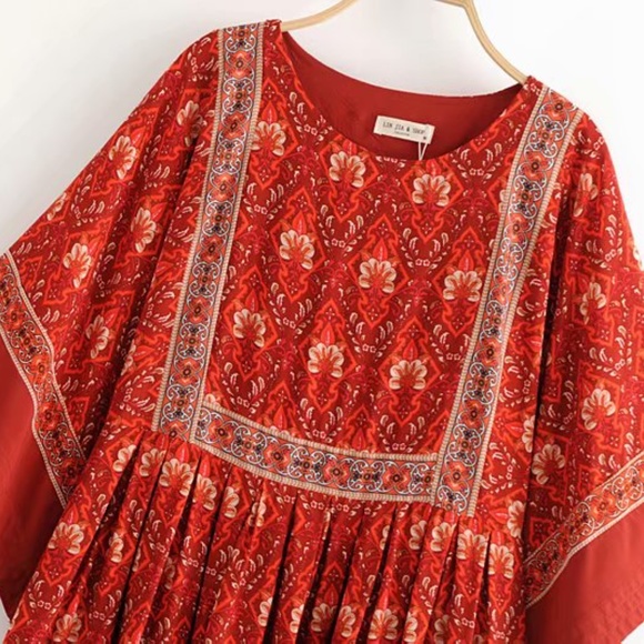 Bohemian Red floral Print Babydoll Mini Dress - Picture 6 of 9
